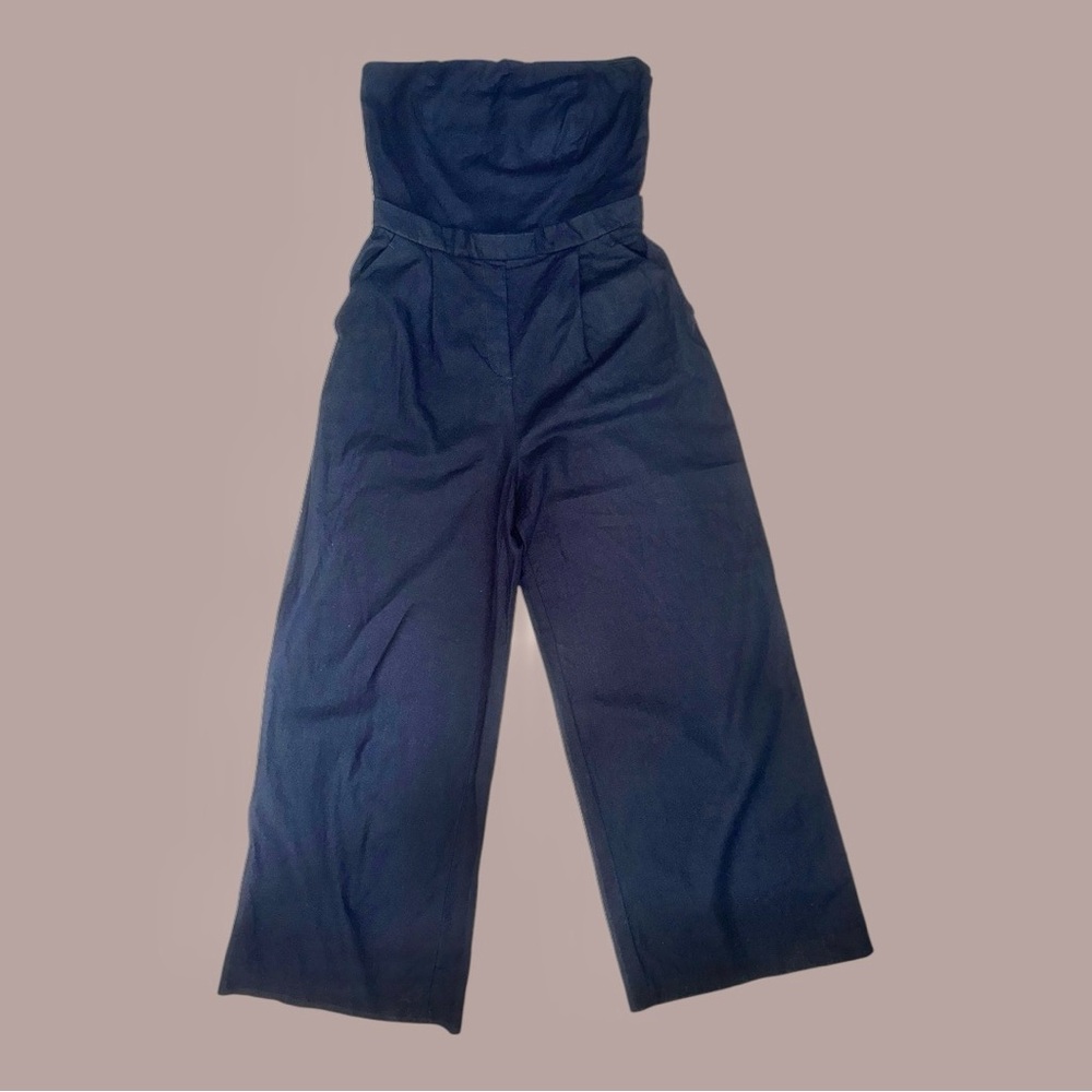 Zara Strapless Linen Blend Jumpsuit Straight Neck Wide Leg Navy 
Size‎ Large - Picture 3 of 8